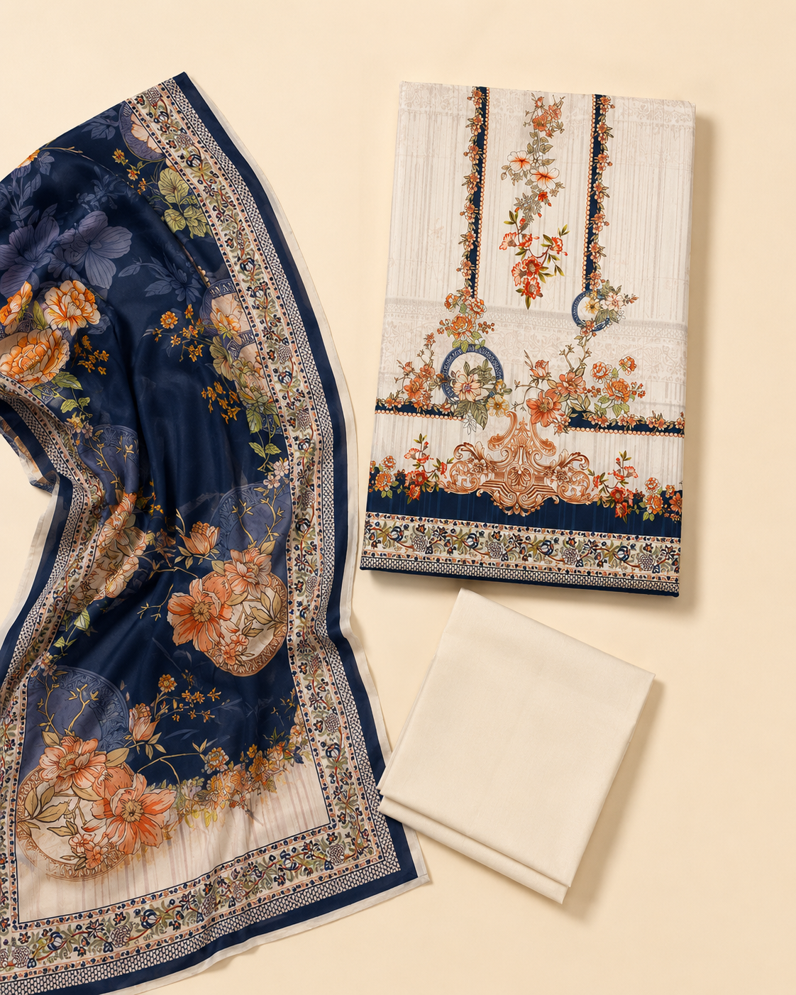 Ivory & Navy Floral Printed Unstitched 3-Piece Suit