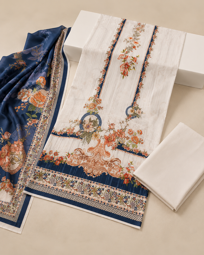 Ivory & Navy Floral Printed Unstitched 3-Piece Suit