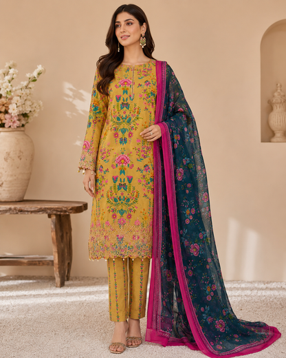 Mustard & Teal Floral Unstitched 3-Piece Ladies Suit