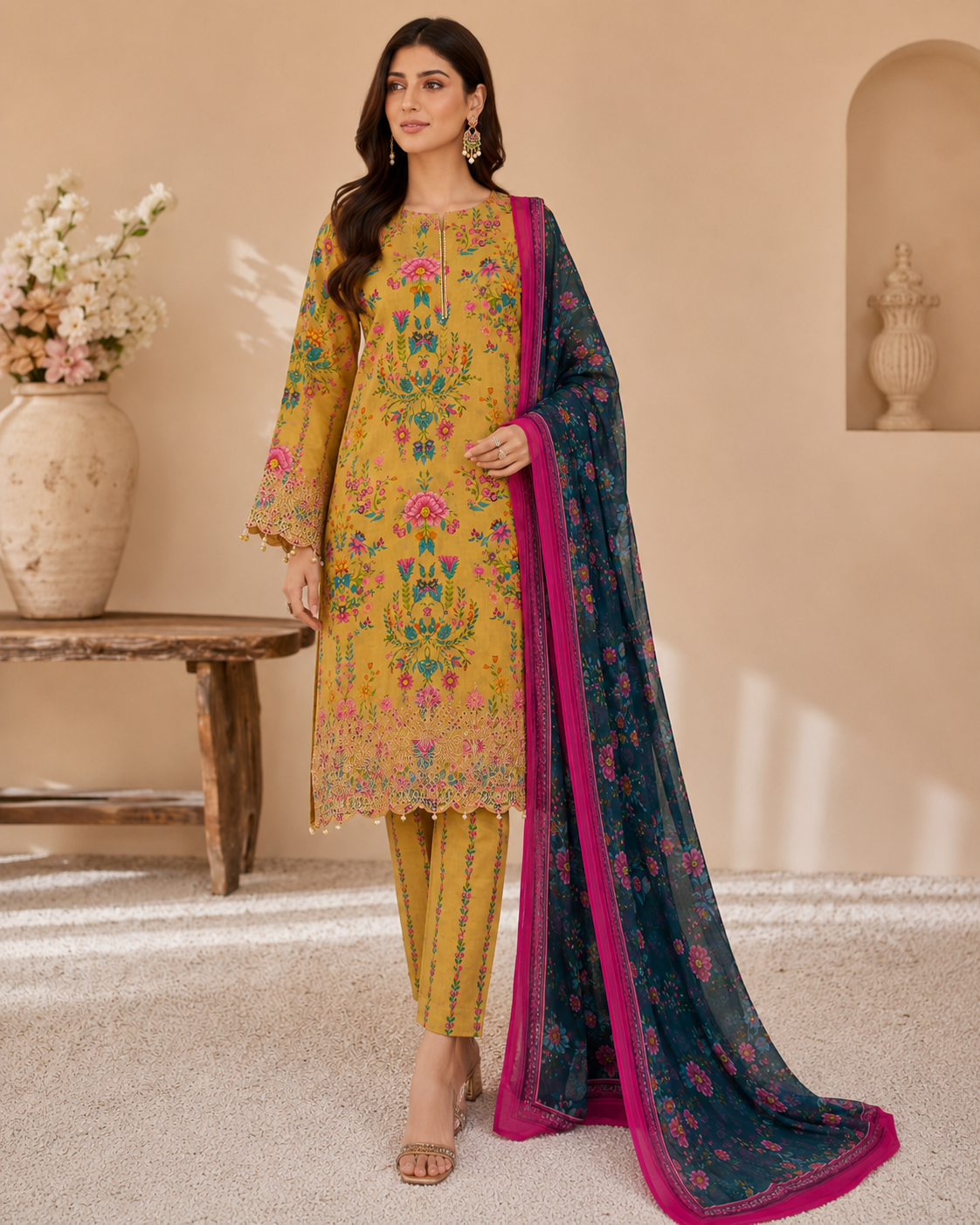 Mustard & Teal Floral Unstitched 3-Piece Ladies Suit
