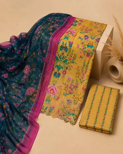 Mustard & Teal Floral Unstitched 3-Piece Ladies Suit