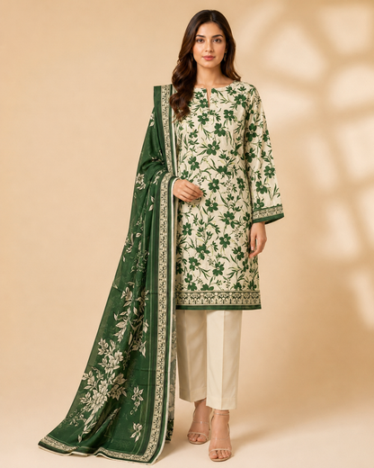 Emerald Bloom Green & Cream Printed Unstitched 3-Piece Suit