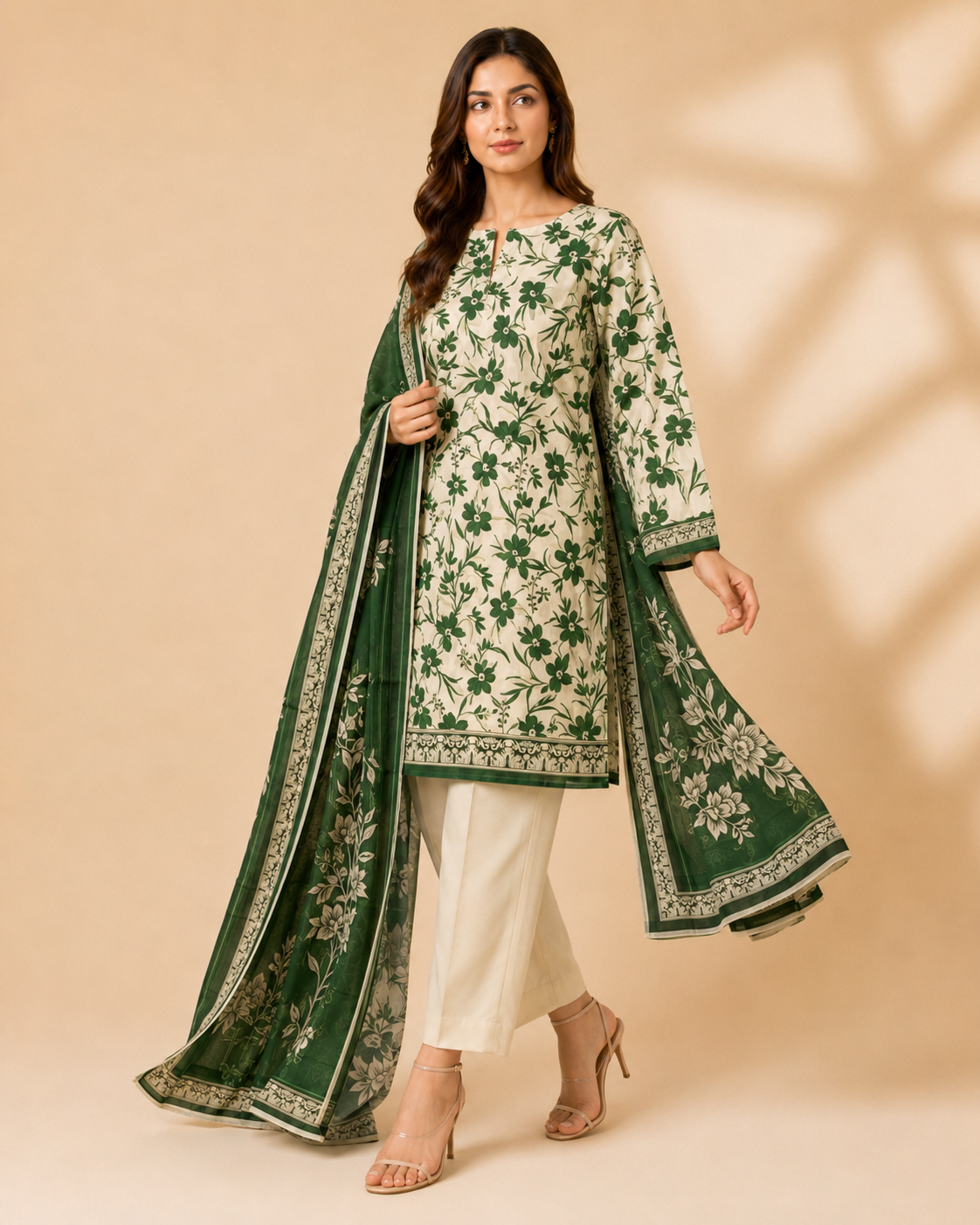 Emerald Bloom Green & Cream Printed Unstitched 3-Piece Suit