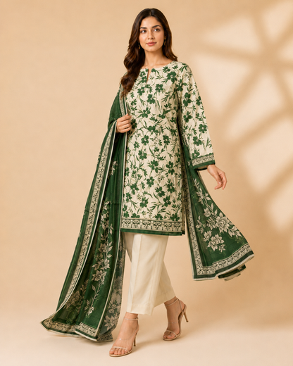 Emerald Bloom Green & Cream Printed Unstitched 3-Piece Suit