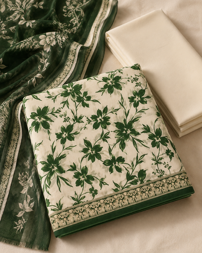 Emerald Bloom Green & Cream Printed Unstitched 3-Piece Suit