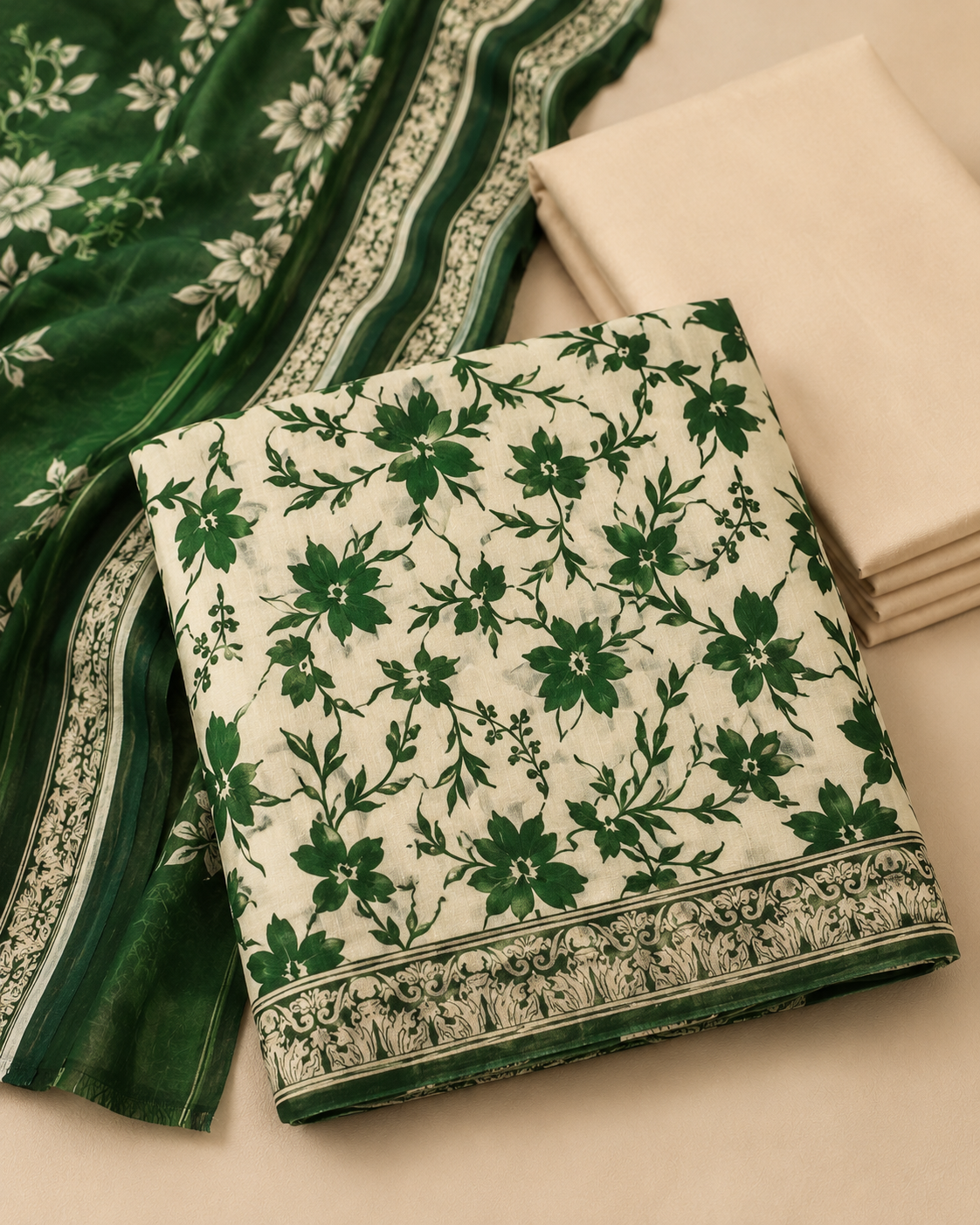 Emerald Bloom Green & Cream Printed Unstitched 3-Piece Suit