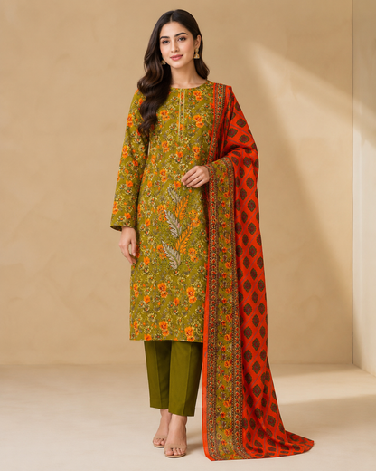 Olive Blossom Printed Unstitched 3-Piece Suit