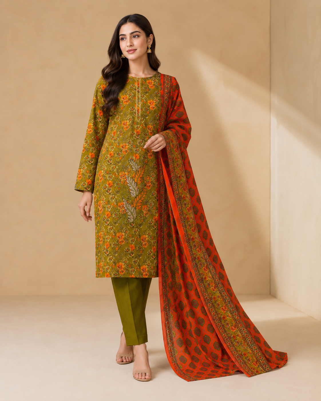 Olive Blossom Printed Unstitched 3-Piece Suit