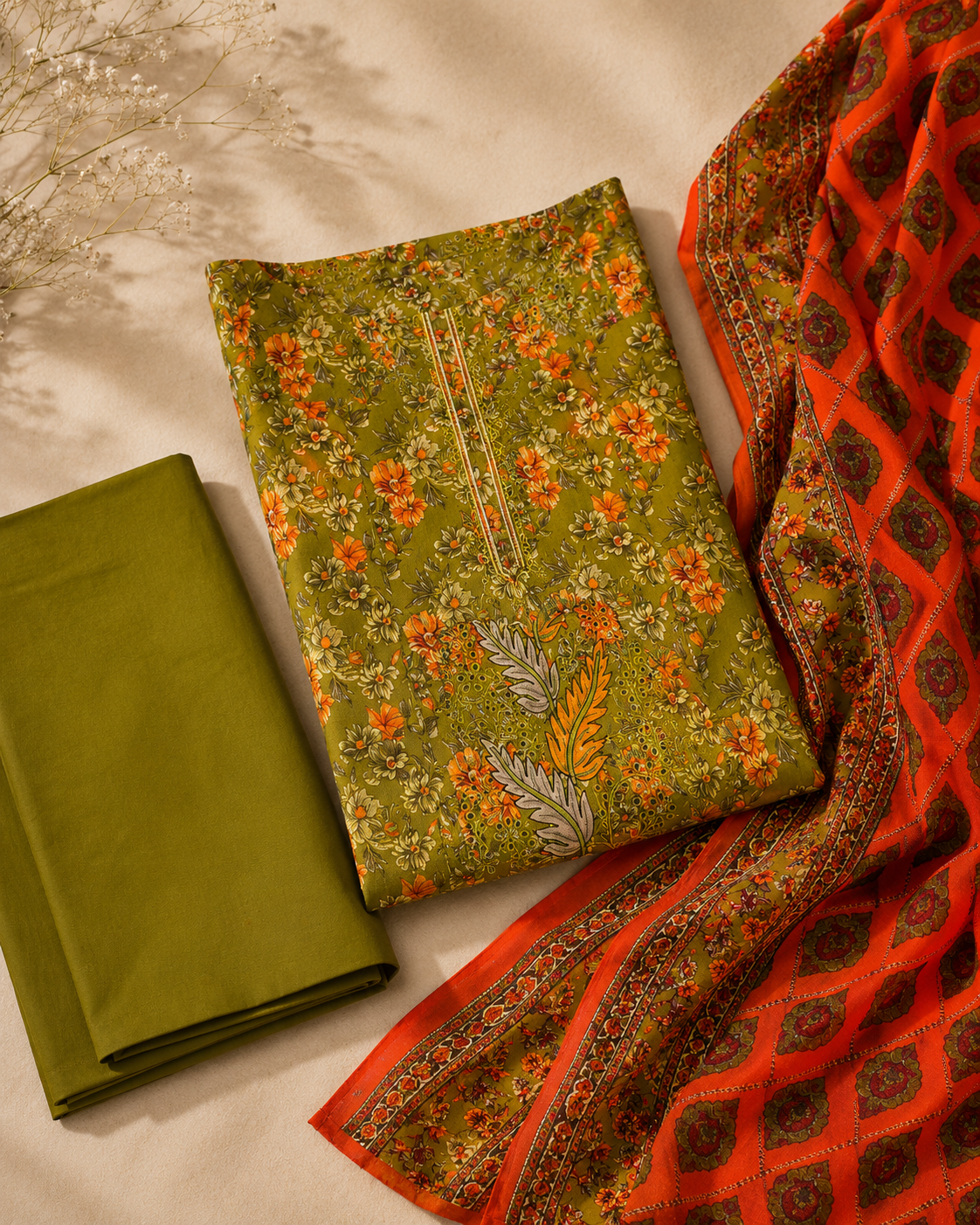 Olive Blossom Printed Unstitched 3-Piece Suit