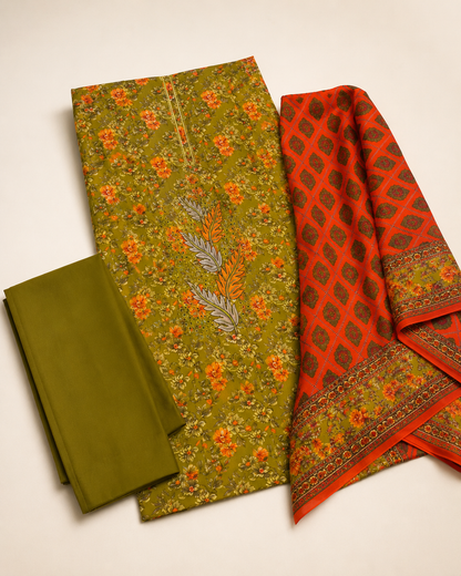 Olive Blossom Printed Unstitched 3-Piece Suit