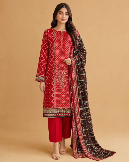 Crimson Heritage Red & Black Printed Unstitched 3-Piece Suit