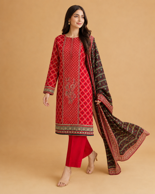 Crimson Heritage Red & Black Printed Unstitched 3-Piece Suit