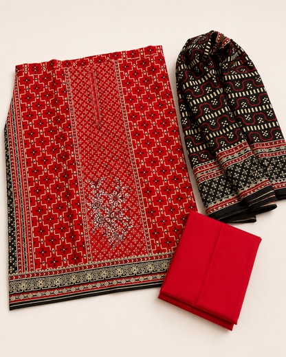 Crimson Heritage Red & Black Printed Unstitched 3-Piece Suit