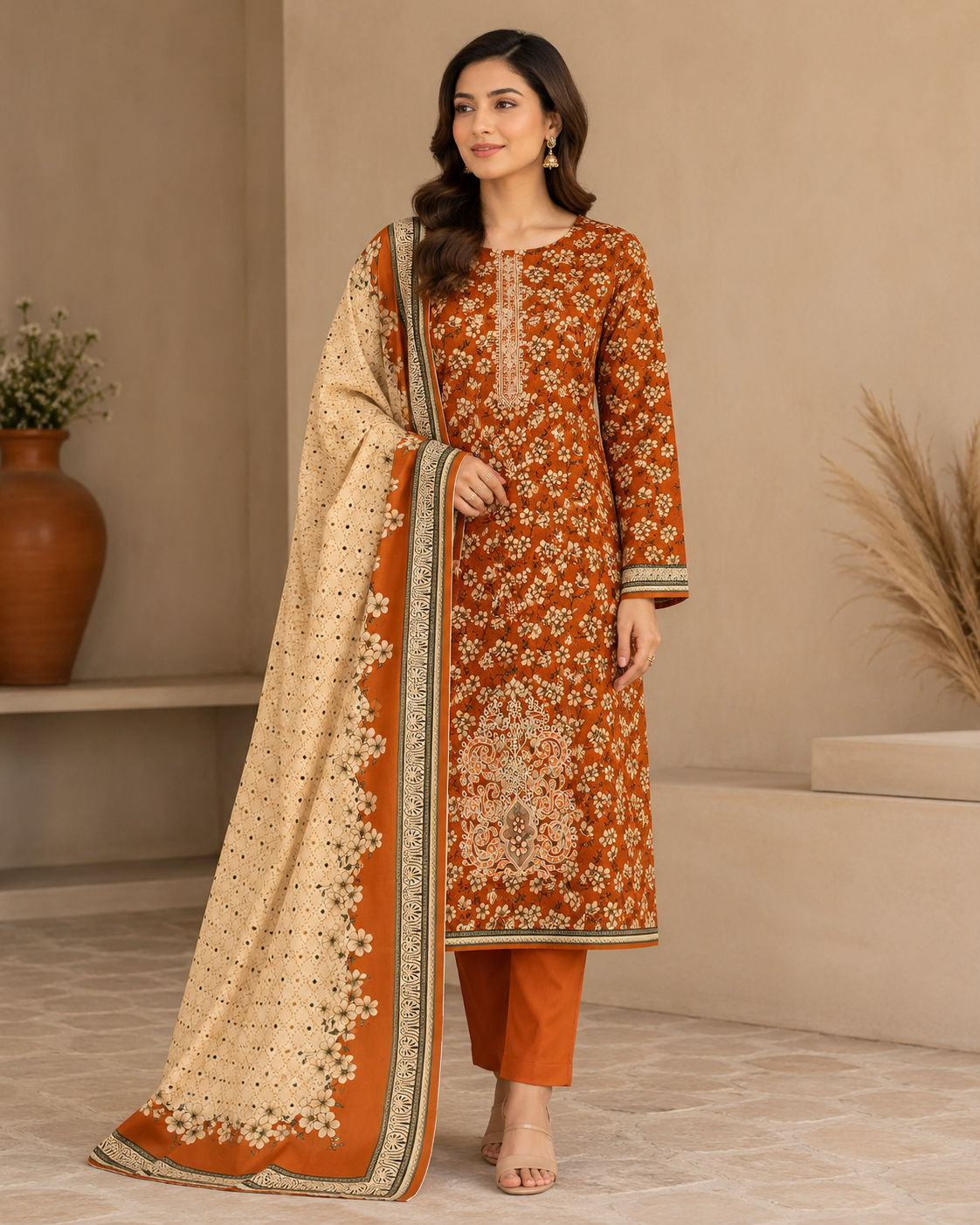 Rust Orange Floral Printed Unstitched 3-Piece Suit