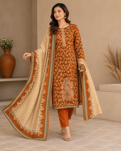 Rust Orange Floral Printed Unstitched 3-Piece Suit