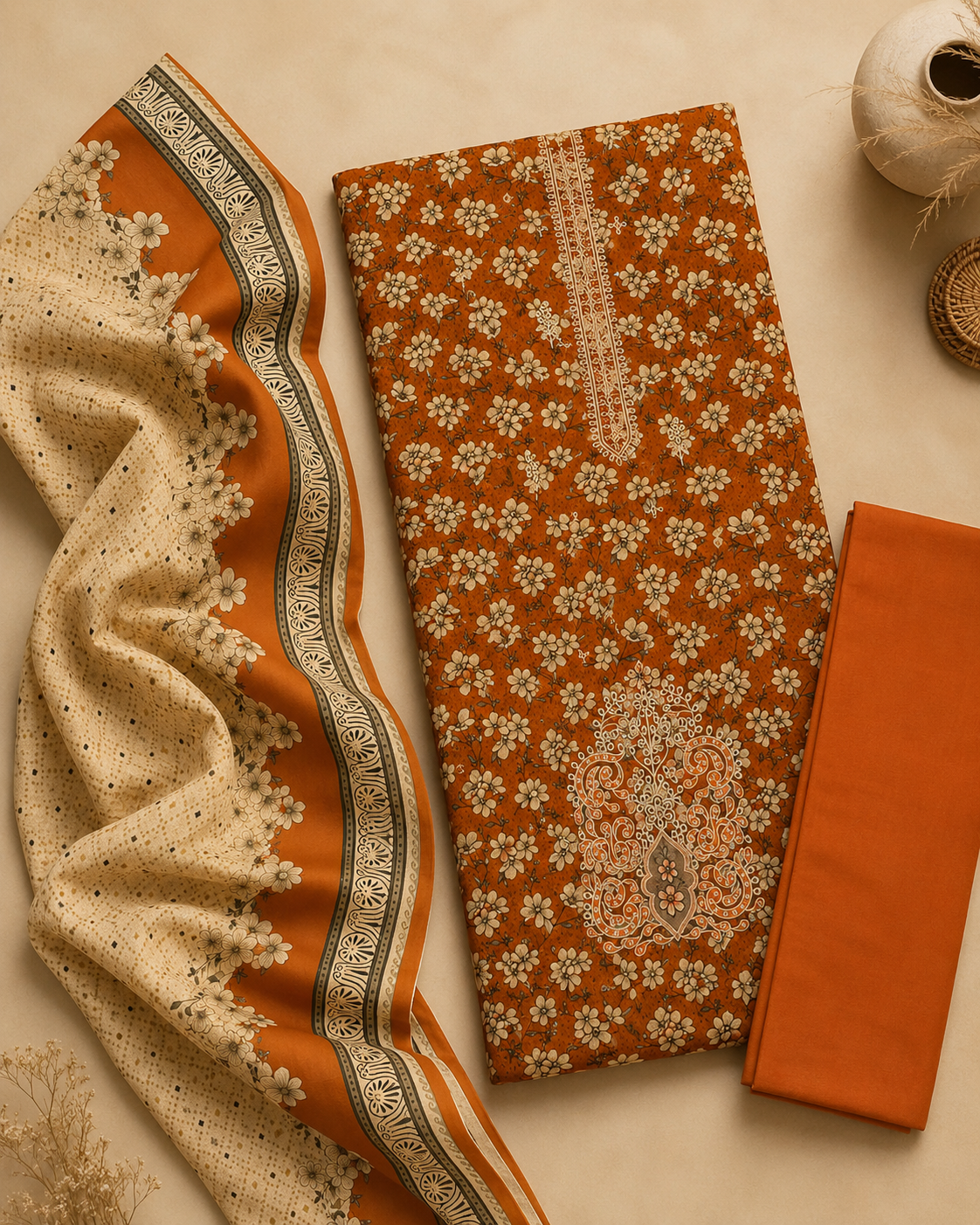 Rust Orange Floral Printed Unstitched 3-Piece Suit