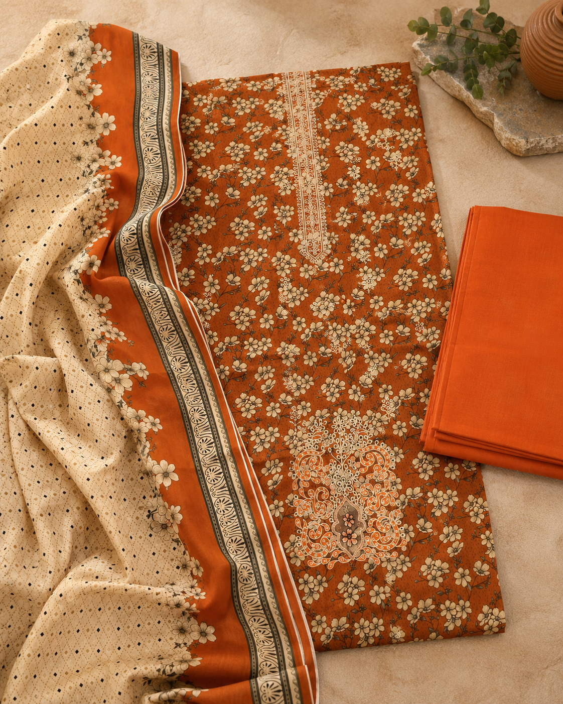 Rust Orange Floral Printed Unstitched 3-Piece Suit