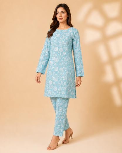 Sky Blue Floral Nankaro 2 Piece Unstitched Cotton Suit