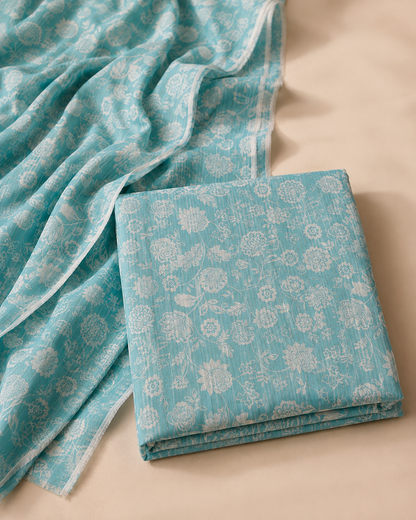 Sky Blue Floral Nankaro 2 Piece Unstitched Cotton Suit