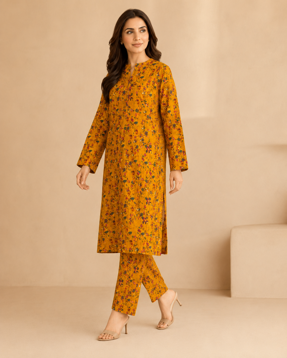 Mustard Floral Nankaro 2 Piece Unstitched Suit