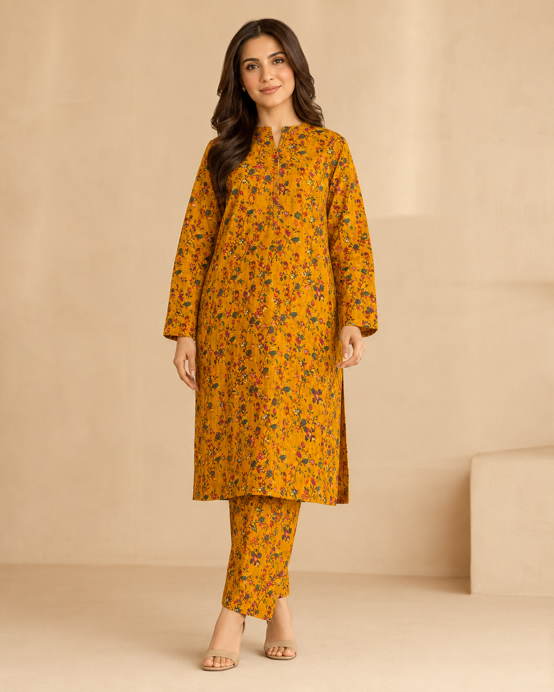 Mustard Floral Nankaro 2 Piece Unstitched Suit