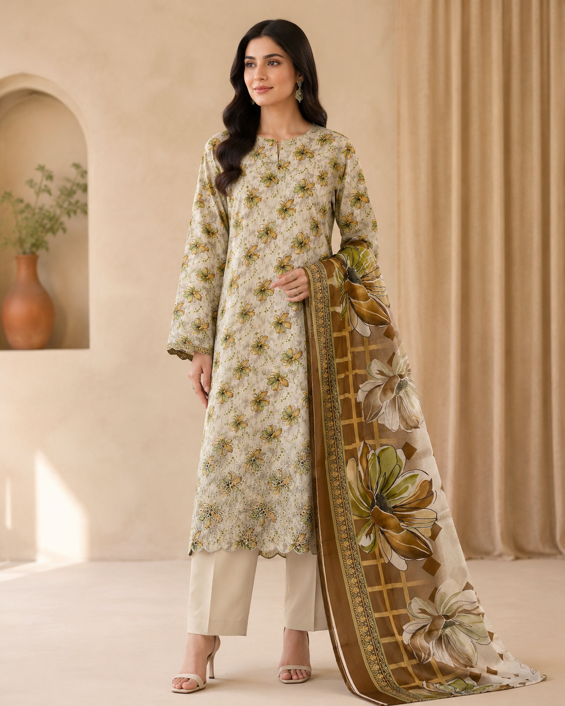 Ivory Olive Floral 3 Piece Unstitched Suit