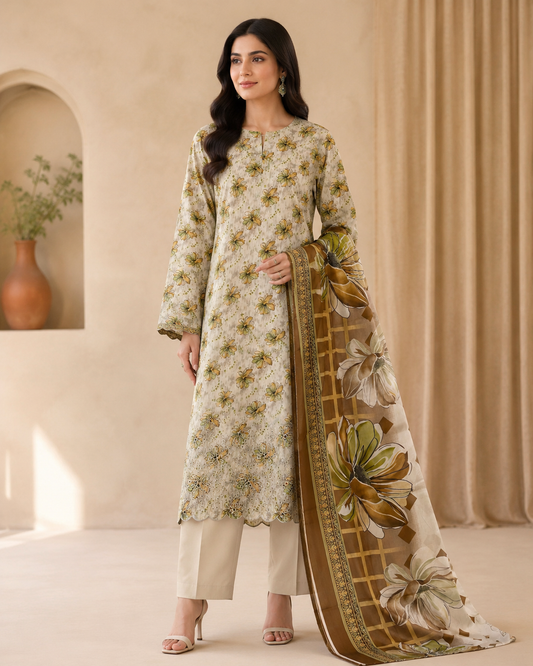 Ivory Olive Floral 3 Piece Unstitched Suit