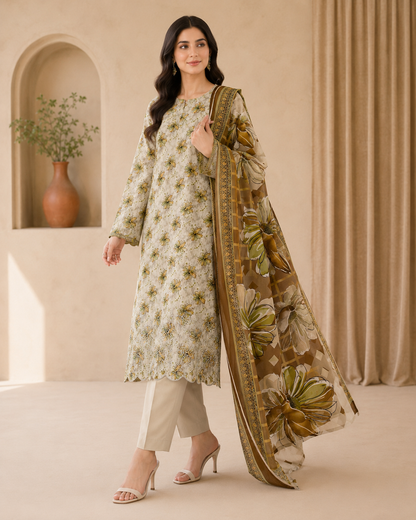 Ivory Olive Floral 3 Piece Unstitched Suit