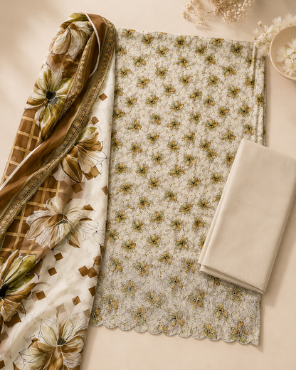 Ivory Olive Floral 3 Piece Unstitched Suit