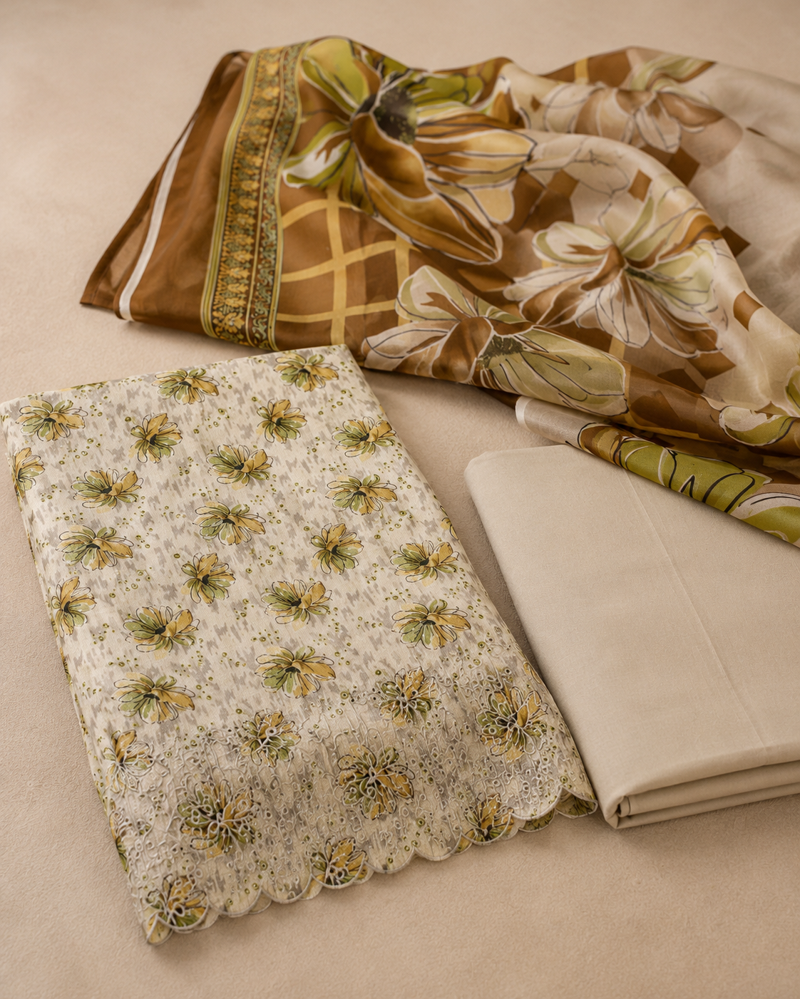 Ivory Olive Floral 3 Piece Unstitched Suit
