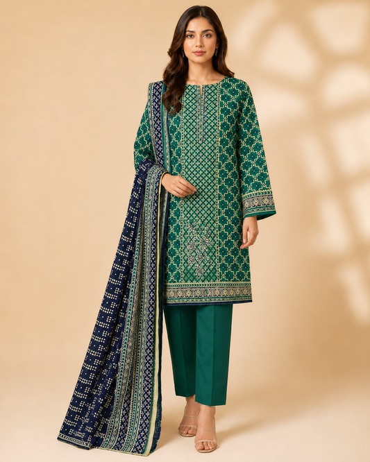Emerald Green Printed 3 Piece Unstitched Suit with Navy Dupatta