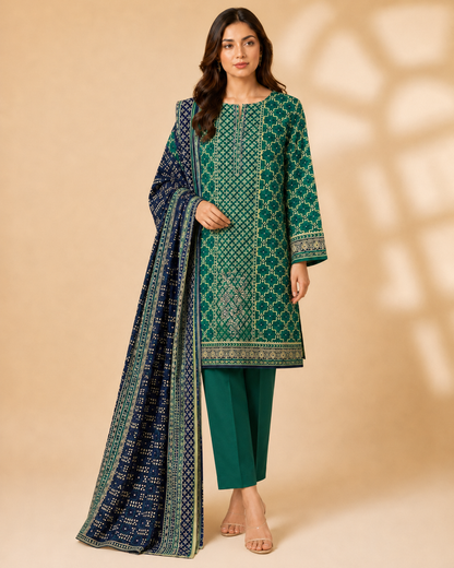 Emerald Green Printed 3 Piece Unstitched Suit with Navy Dupatta