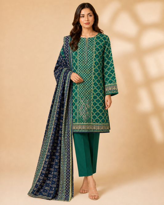 Emerald Green Printed 3 Piece Unstitched Suit with Navy Dupatta