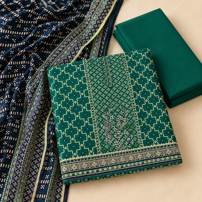 Emerald Green Printed 3 Piece Unstitched Suit with Navy Dupatta