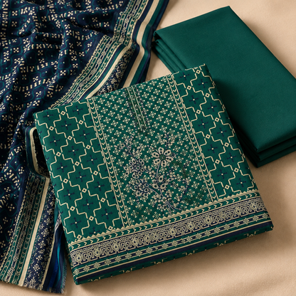 Emerald Green Printed 3 Piece Unstitched Suit with Navy Dupatta