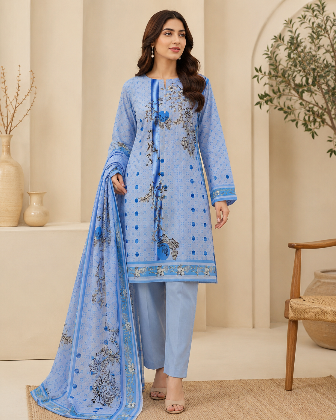 Sky Blue Botanical 3 Piece Unstitched Suit