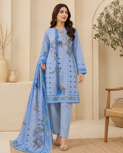 Sky Blue Botanical 3 Piece Unstitched Suit