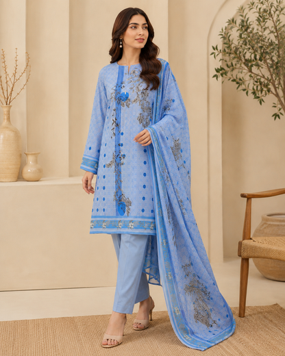 Sky Blue Botanical 3 Piece Unstitched Suit