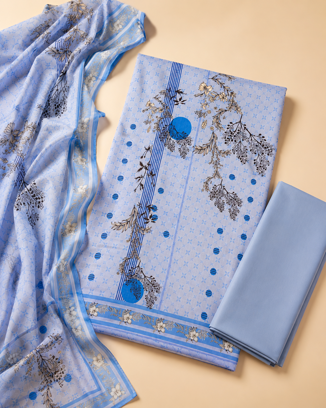 Sky Blue Botanical 3 Piece Unstitched Suit