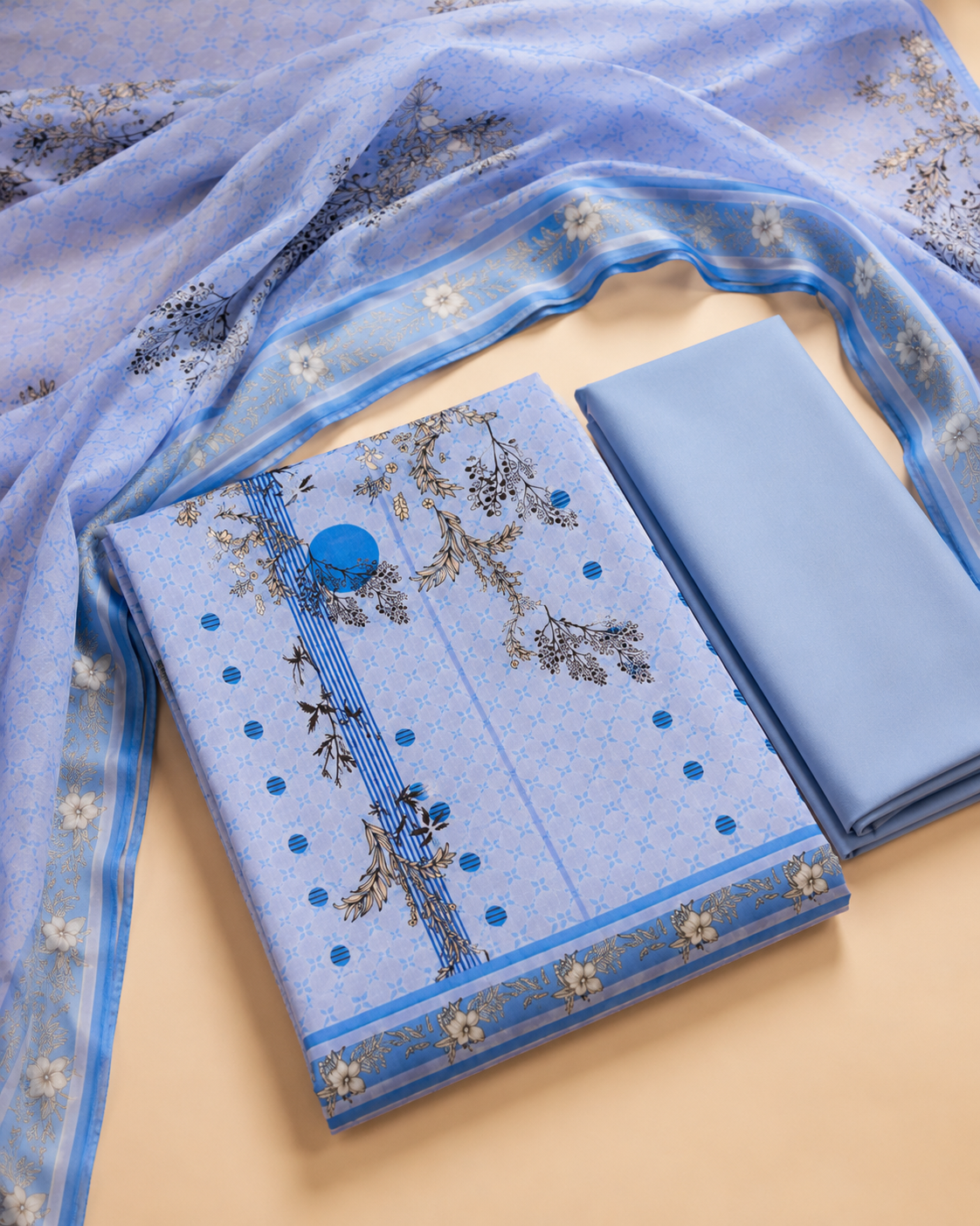 Sky Blue Botanical 3 Piece Unstitched Suit