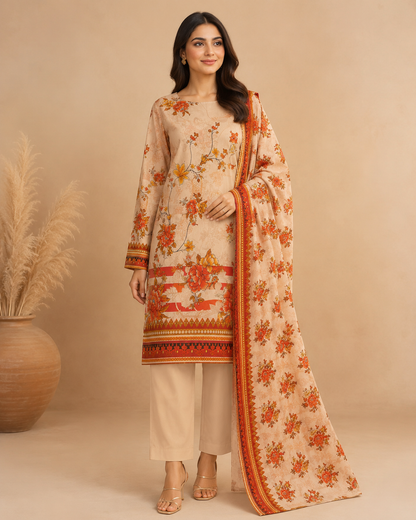 Peach Beige Floral 3 Piece Unstitched Suit with Printed Dupatta