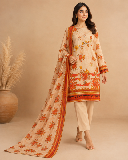 Peach Beige Floral 3 Piece Unstitched Suit with Printed Dupatta