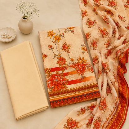 Peach Beige Floral 3 Piece Unstitched Suit with Printed Dupatta