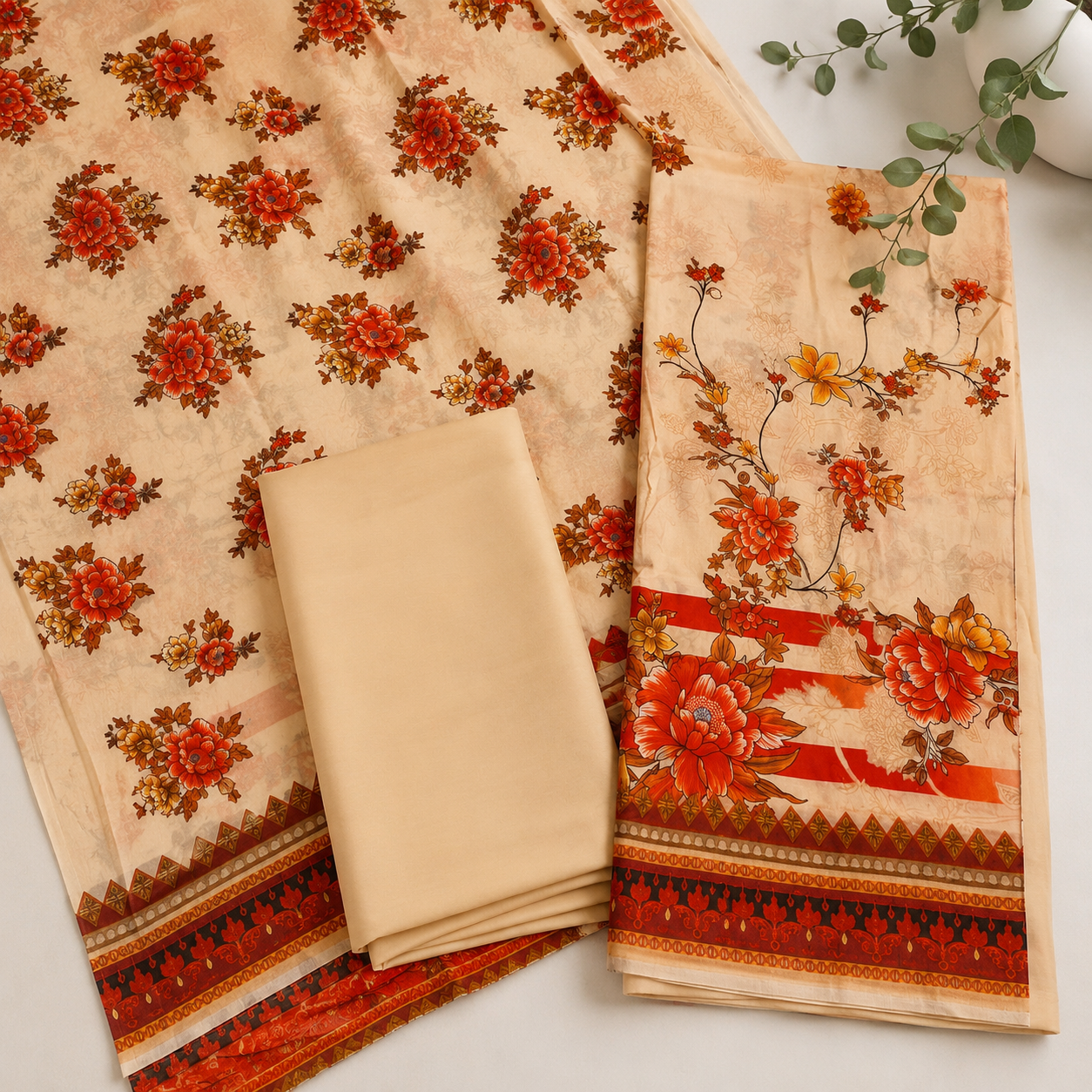 Peach Beige Floral 3 Piece Unstitched Suit with Printed Dupatta