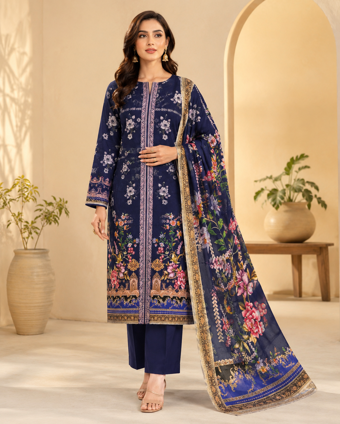 Navy Floral 3 Piece Unstitched Suit