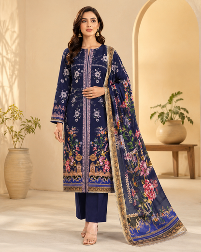 Navy Floral 3 Piece Unstitched Suit