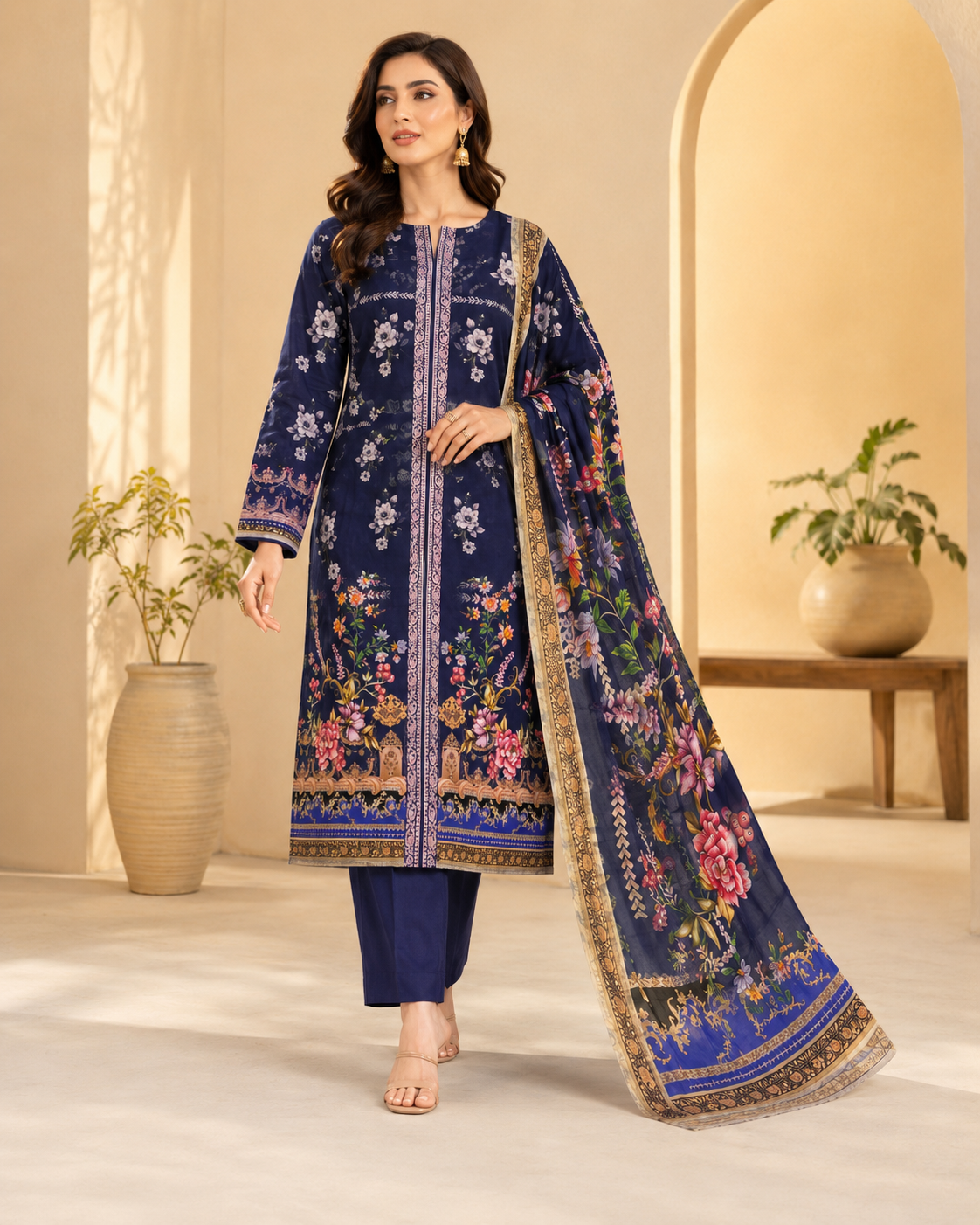 Navy Floral 3 Piece Unstitched Suit