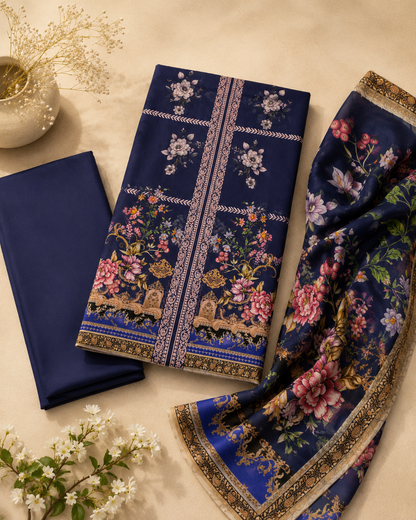 Navy Floral 3 Piece Unstitched Suit