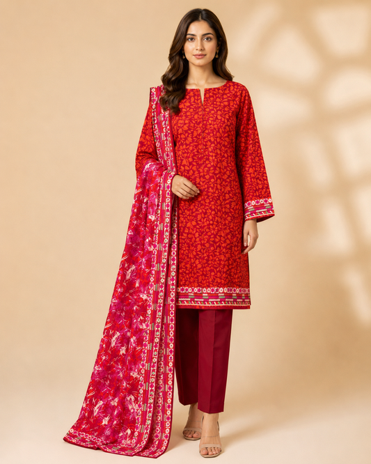 Crimson Bloom Printed 3-Piece Unstitched Suit