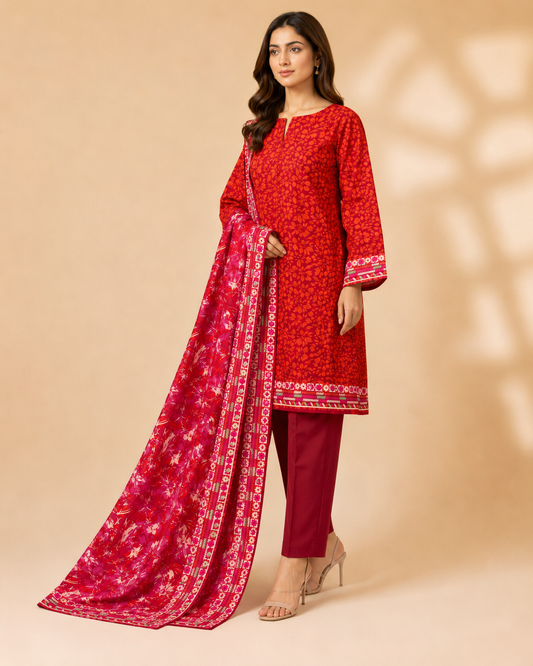 Crimson Bloom Printed 3-Piece Unstitched Suit